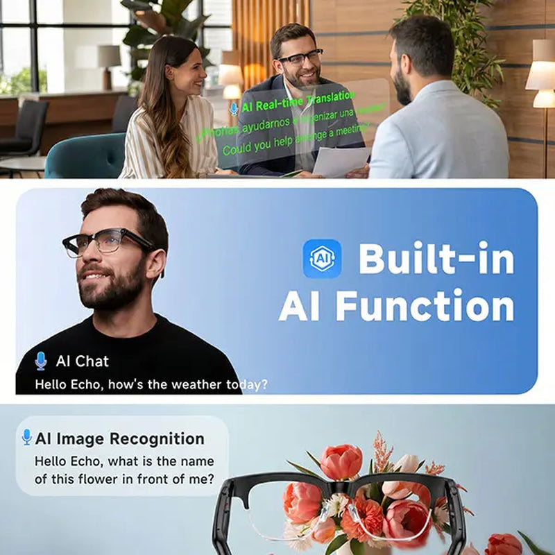 TOOBUR Wearable AI Smart Glasses - Lightweight Casual Open-Ear Bluetooth Headphones with 8MP Camera, Video Recording, Touch Control, Call Answering, Real-Time Translation, Photochromic HD Lenses, Built-In Lithium Ion Cells Batteries (Cool Adult Gifts)