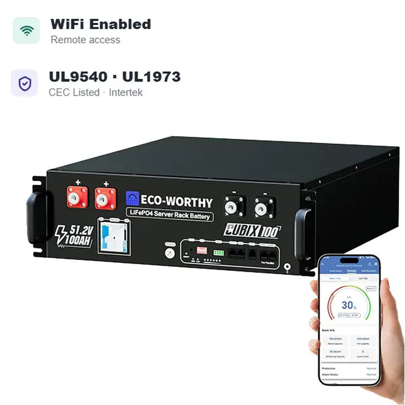 【Sold Out/Agotado】Eco-Worthy Cubix100 48V 100Ah Lifepo4 Server Rack Battery, 5120Wh Solar Energy Storage, UL1973 & UL9540 & CEC Listed, Bluetooth Wifi App & CAN/RS485 for Home Backup, Off-Grid Cabin