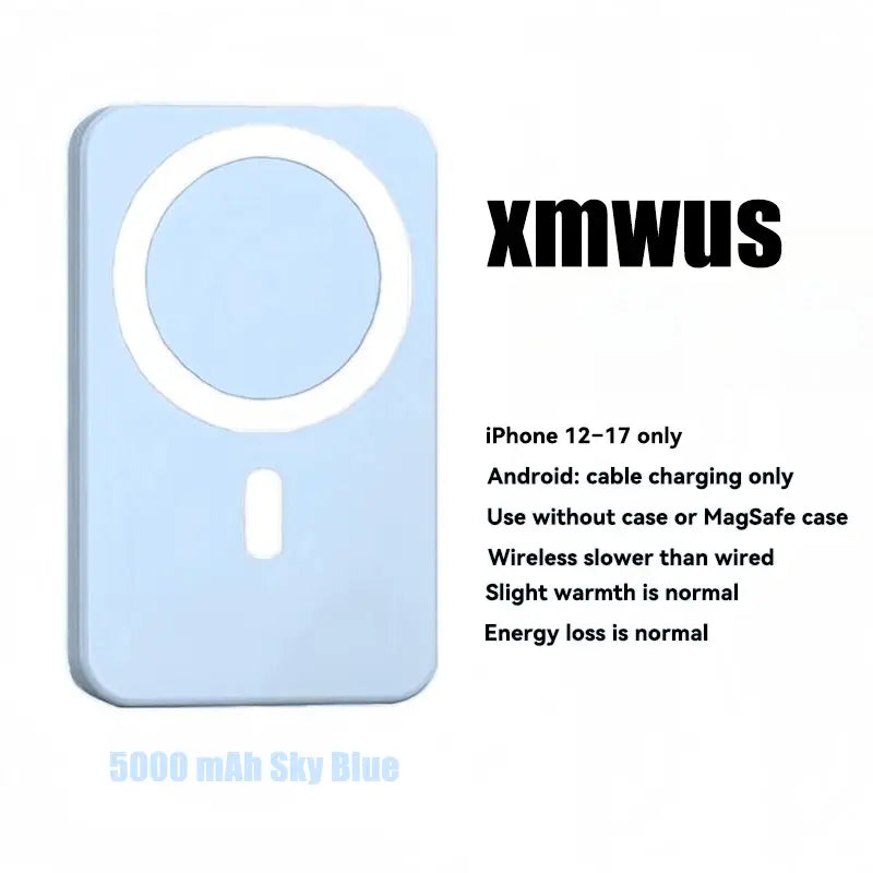 XMWUS 5000Mah Magnetic Power Bank, Wireless Portable Charger for Iphone 12-18 Series, Compatible with Magsafe Cases, Compact Travel Battery Pack