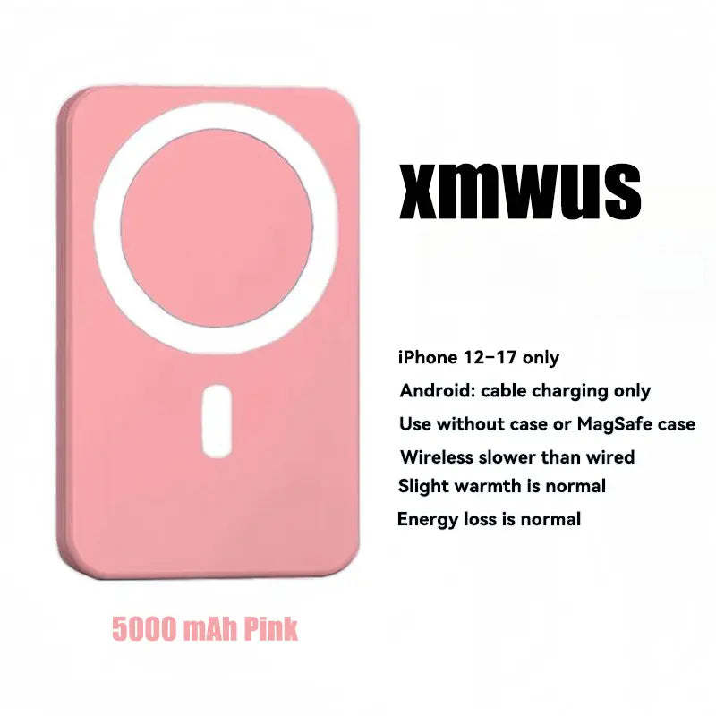 XMWUS 5000Mah Magnetic Power Bank, Wireless Portable Charger for Iphone 12-18 Series, Compatible with Magsafe Cases, Compact Travel Battery Pack