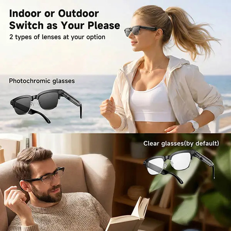 TOOBUR Wearable AI Smart Glasses - Lightweight Casual Open-Ear Bluetooth Headphones with 8MP Camera, Video Recording, Touch Control, Call Answering, Real-Time Translation, Photochromic HD Lenses, Built-In Lithium Ion Cells Batteries (Cool Adult Gifts)