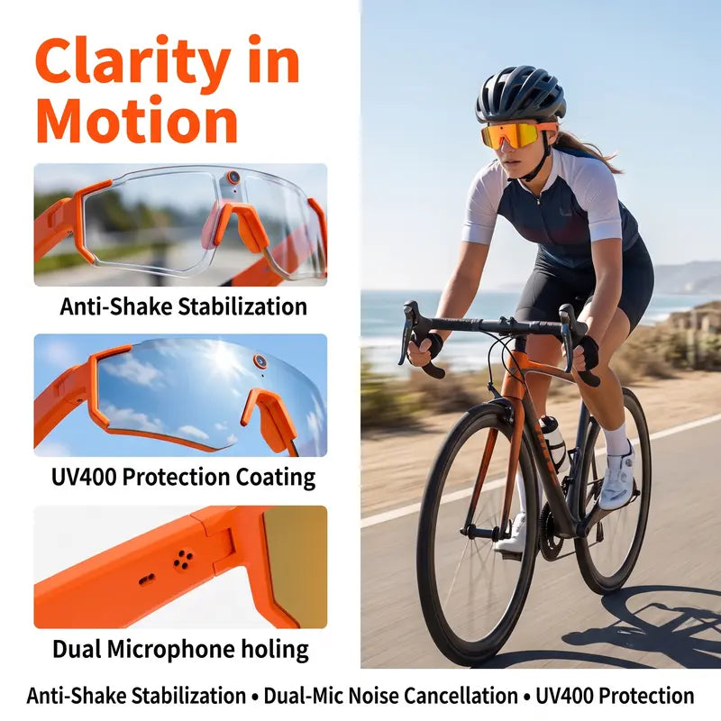 Real-Time Ai-Powered Smart Glasses - Recording Glasses with 1200P HD Video Recording, 8MP Anti-Shake Photography, Voice Assistant, Dual Microphones, Bluetooth Open Ear Audio, Uv-Protective Lenses for Sports, Travel