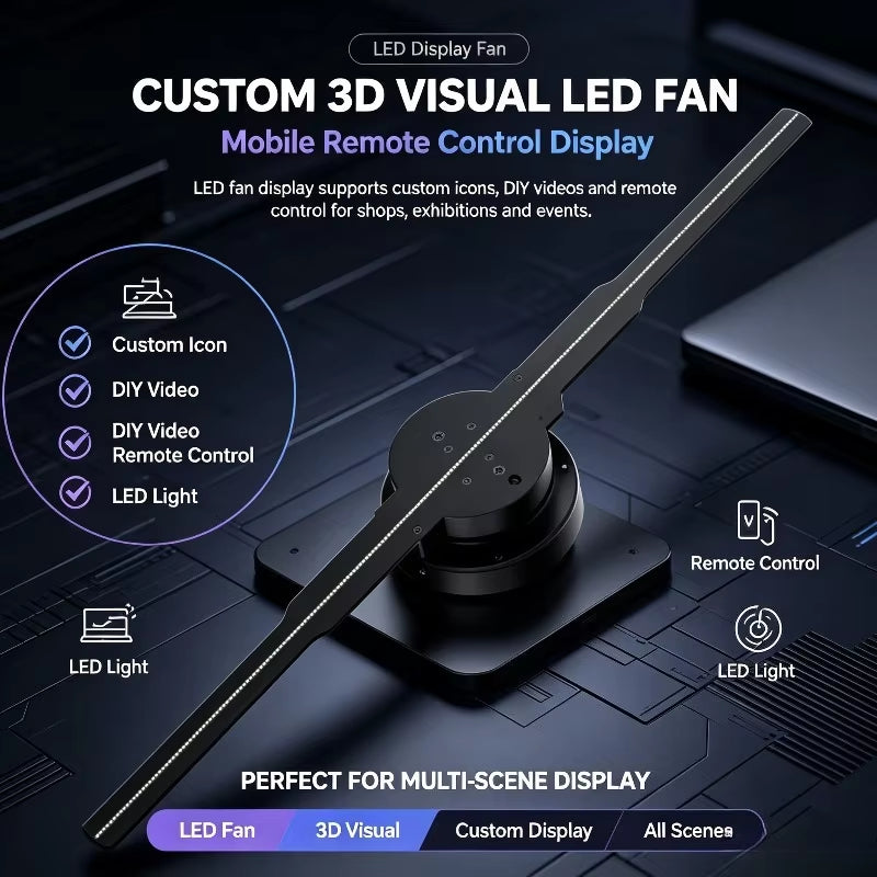 3D Holographic Fan Mobile Remote Control Custom Icon DIY Video LED Neon Light Rotating Display Holographic Projector Fan