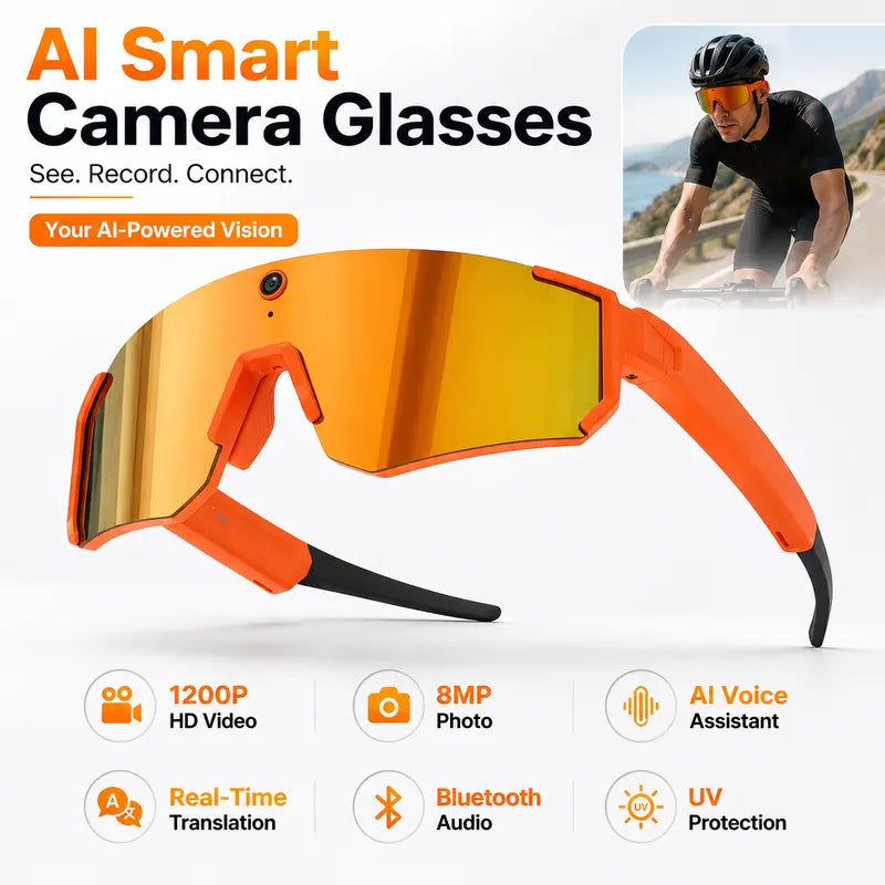Real-Time Ai-Powered Smart Glasses - Recording Glasses with 1200P HD Video Recording, 8MP Anti-Shake Photography, Voice Assistant, Dual Microphones, Bluetooth Open Ear Audio, Uv-Protective Lenses for Sports, Travel