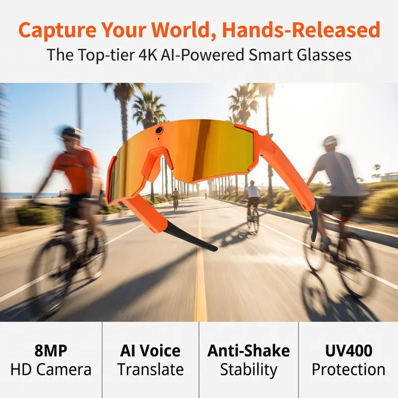 Real-Time Ai-Powered Smart Glasses - Recording Glasses with 1200P HD Video Recording, 8MP Anti-Shake Photography, Voice Assistant, Dual Microphones, Bluetooth Open Ear Audio, Uv-Protective Lenses for Sports, Travel