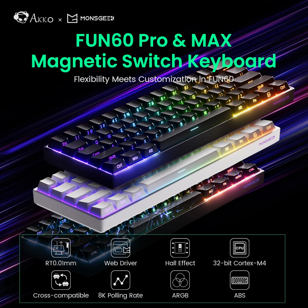 MONSGEEK FUN60 PRO & MAX Mechanical Keyboard with Magnetic Switches - 60% Wireless Gaming Keyboard with Rapid Trigger and 8K ARGB Customization