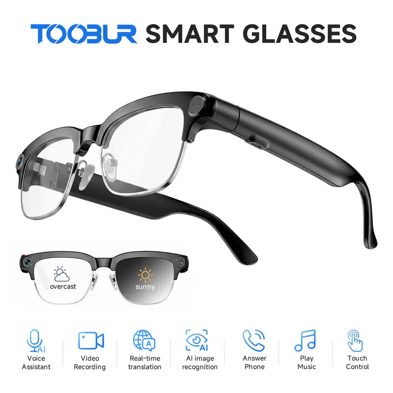 TOOBUR Wearable AI Smart Glasses - Lightweight Casual Open-Ear Bluetooth Headphones with 8MP Camera, Video Recording, Touch Control, Call Answering, Real-Time Translation, Photochromic HD Lenses, Built-In Lithium Ion Cells Batteries (Cool Adult Gifts)